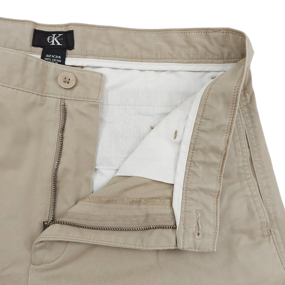Calvin Klein Pants Mens 32x34 Beige Button Flat Front Straight Chinos Cotton